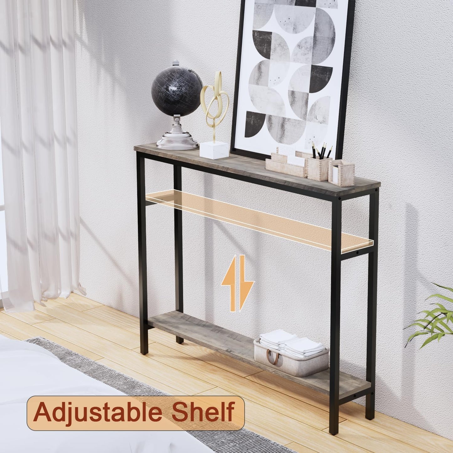 Narrow Console Table, 39.4” Sofa Table with Adjustable Shelf, 2-Tier Long Skinny Table for Hallway, Entryway, Living Room, Foyer, Grey