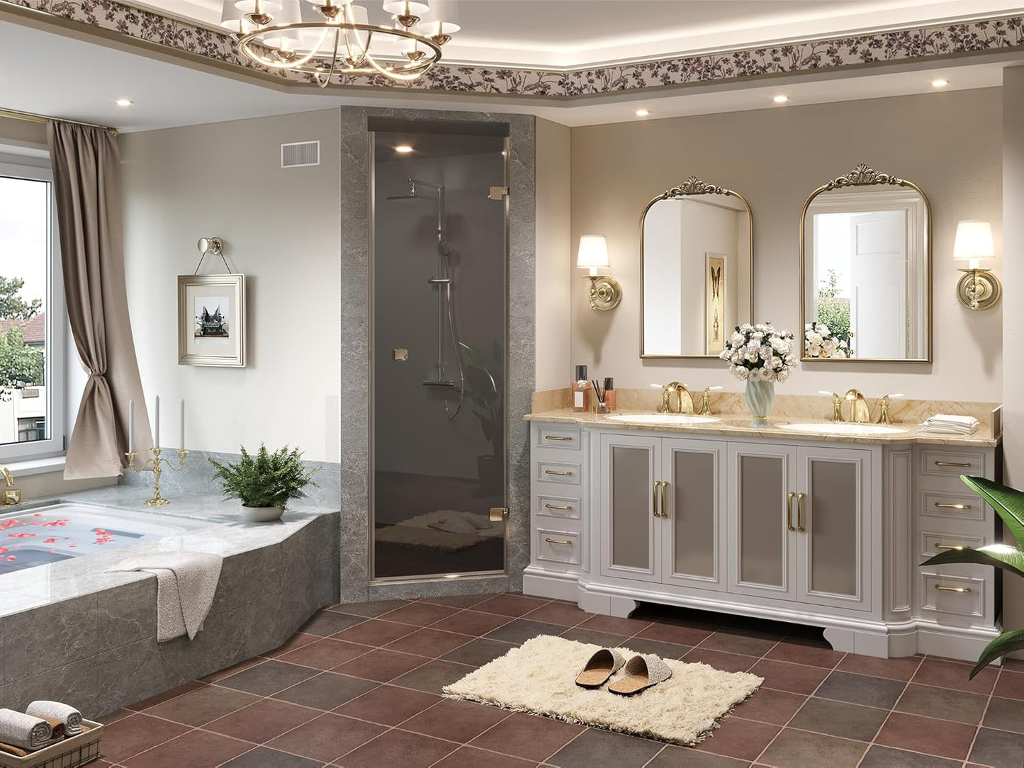 22" x 30" Arched Vintage Gold Mirror for Wall, Antique Bronze Bathroom Mirror with Metal Frame, Ornate Arch Vanity Mirror for Entryway, Mantel, Powder Room