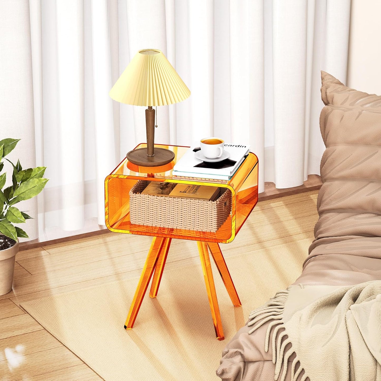 Acrylic Side Table, Acrylic Nightstand Bedside Table for Bedroom (Orange, 16.1'' x 11.8'' x 19.7'')