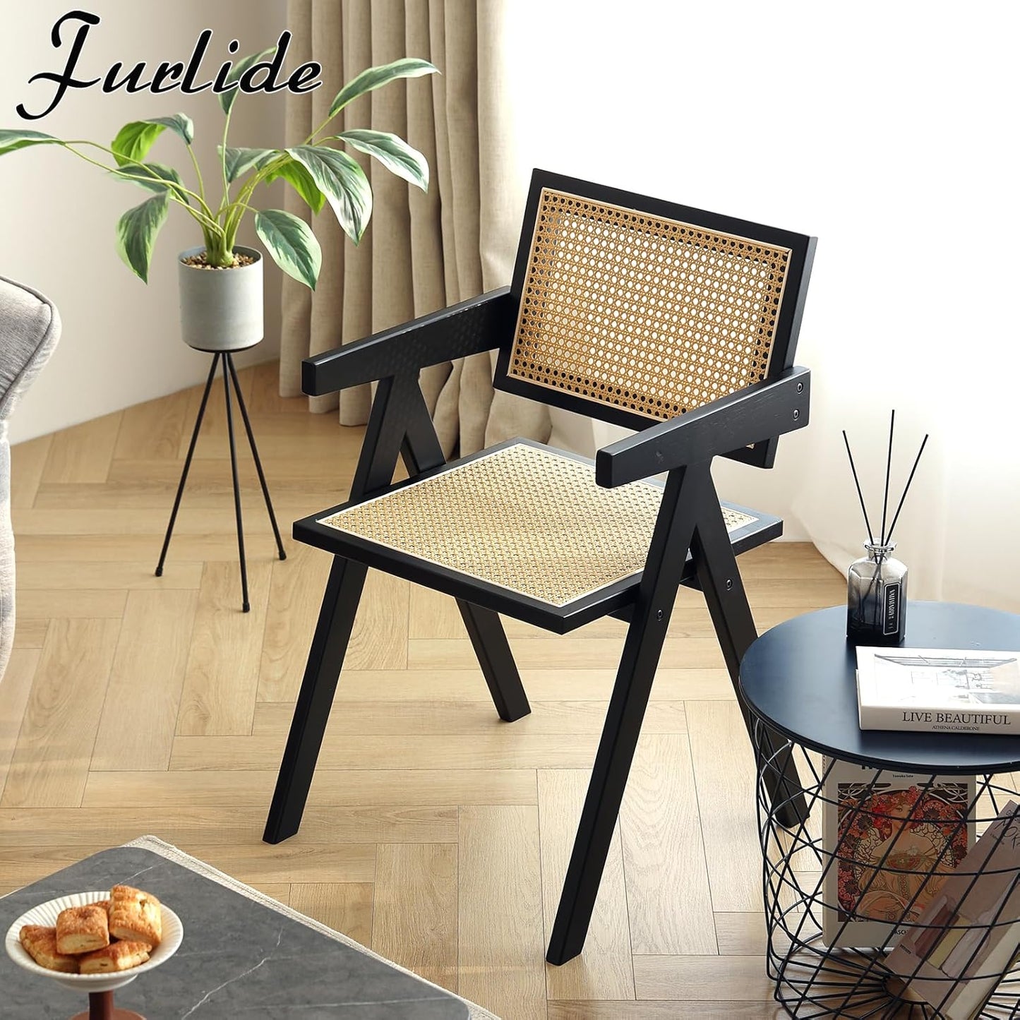 Rattan Dining Chairs Set of 2, Modern Mid Century Dining Chairs with Arms, Outdoor Bamboo Chairs for Bedroom, Living Room, Reading Room, Black