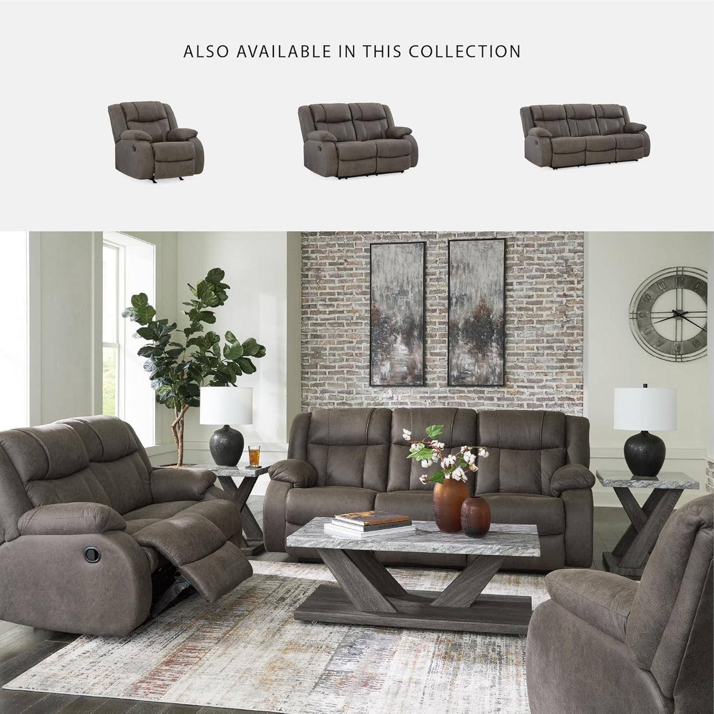Signature Design by Ashley First Base Contemporary Faux Leather Manual Reclining Sofa, Gray