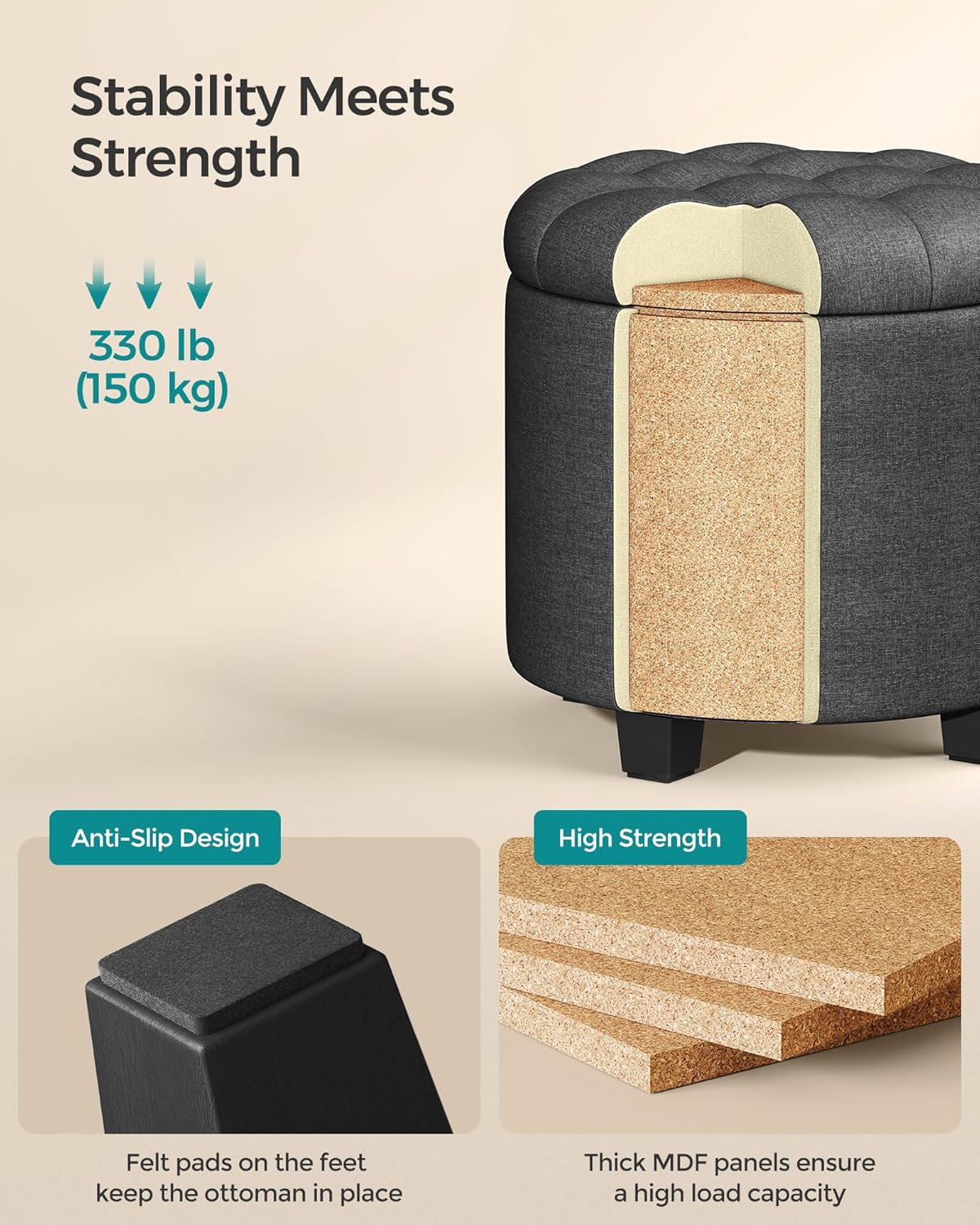 SONGMICS Round Ottoman, Ottoman with Storage, 17.7 Dia. x 17.5 H Inches Foot Rest with Legs, Load up to 330 lb, for Living Room, Bedroom, Dark Gray ULOM011G01