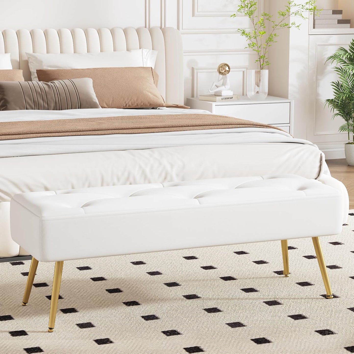 Furniliving Modern PU Leather Benches, Upholstered Tufted Leather Bedroom Ottoman 44" Ottoman Bench with X-Shaped Metal Legs for Makeup Room, Solid Bed Bench for Foyer, IvoryWhite