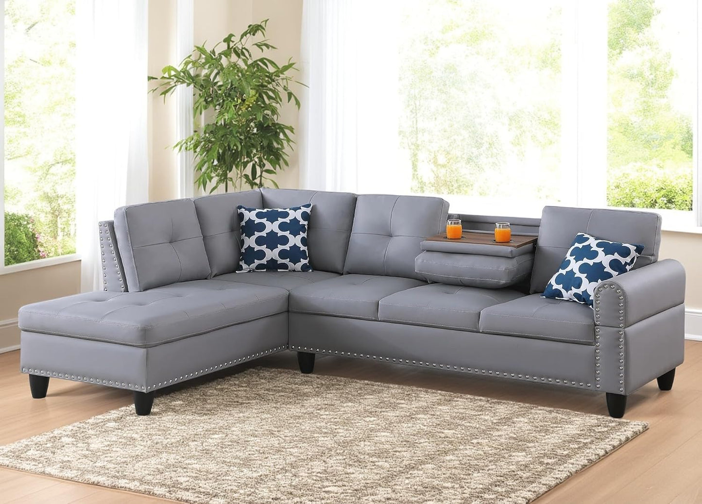 98 Inch L Shaped Sectional Sofa with Chaise Lounge, Storage Ottoman and 2 Pillows, 4-Seaters Faux Leather Upholstered Tufted Couch w/Cupholder & Nailhead Trim for Living Room, Office, Gray