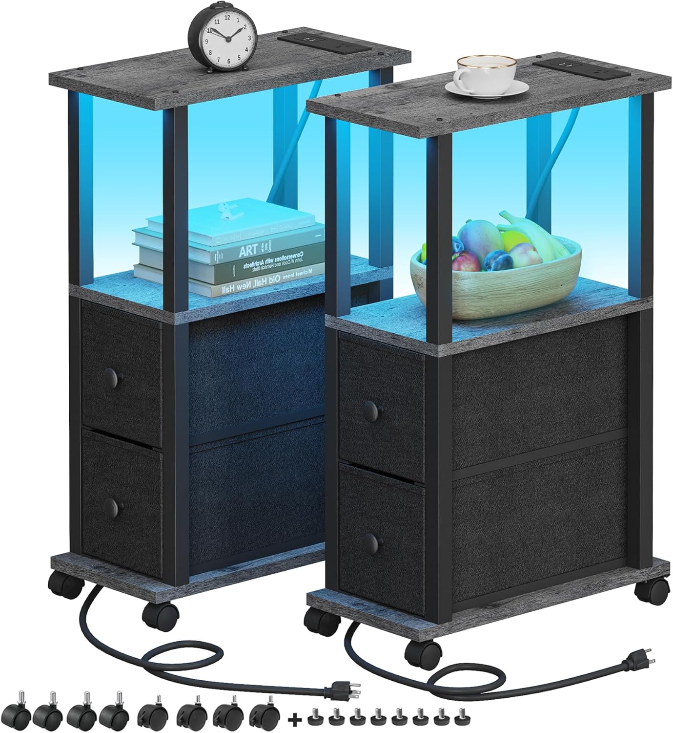 TUTOTAK Small Narrow End Tables, LED Side Tables with 2 Fabric Drawers, Set of 2, Bedside Tables with Charging Station for Small Spaces, Slim Nightstands with USB Ports and Wheels, TB01BY053L