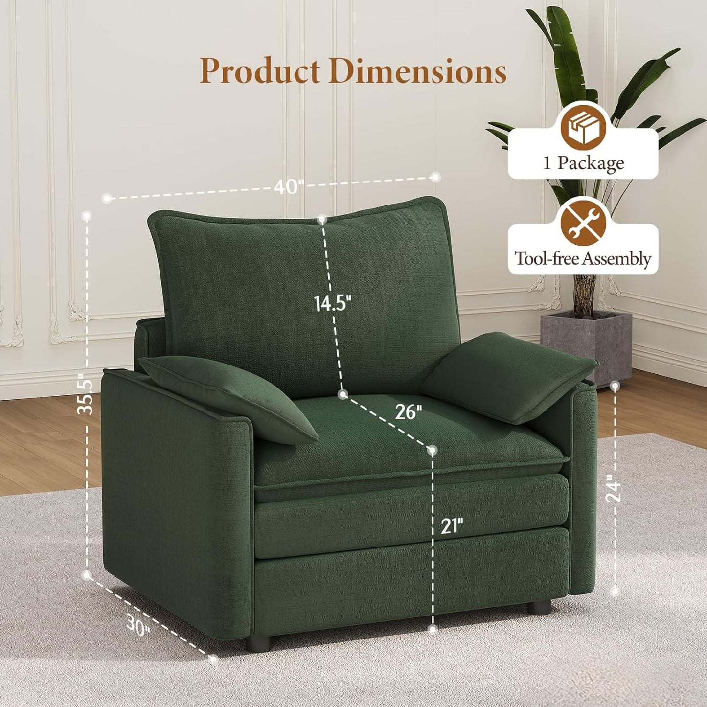 Vesgantti 40" Single Seat Sofa, Comfy Cloud Couch Deep Seat Upholstered Couch Chenille Modern Sofa with Armrest Pillow, Easy Assembly for Living Room, Bedroom and Apartment, Green