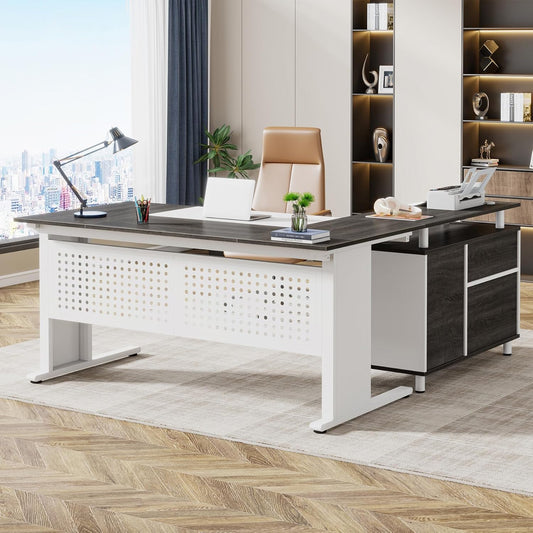 Tribesigns 63 Inch Executive Desk with File Cabinet, L Shaped Office Desk with Drawers and Storage Shelves, Business Furniture Set Workstation for Home Office, Gray and White