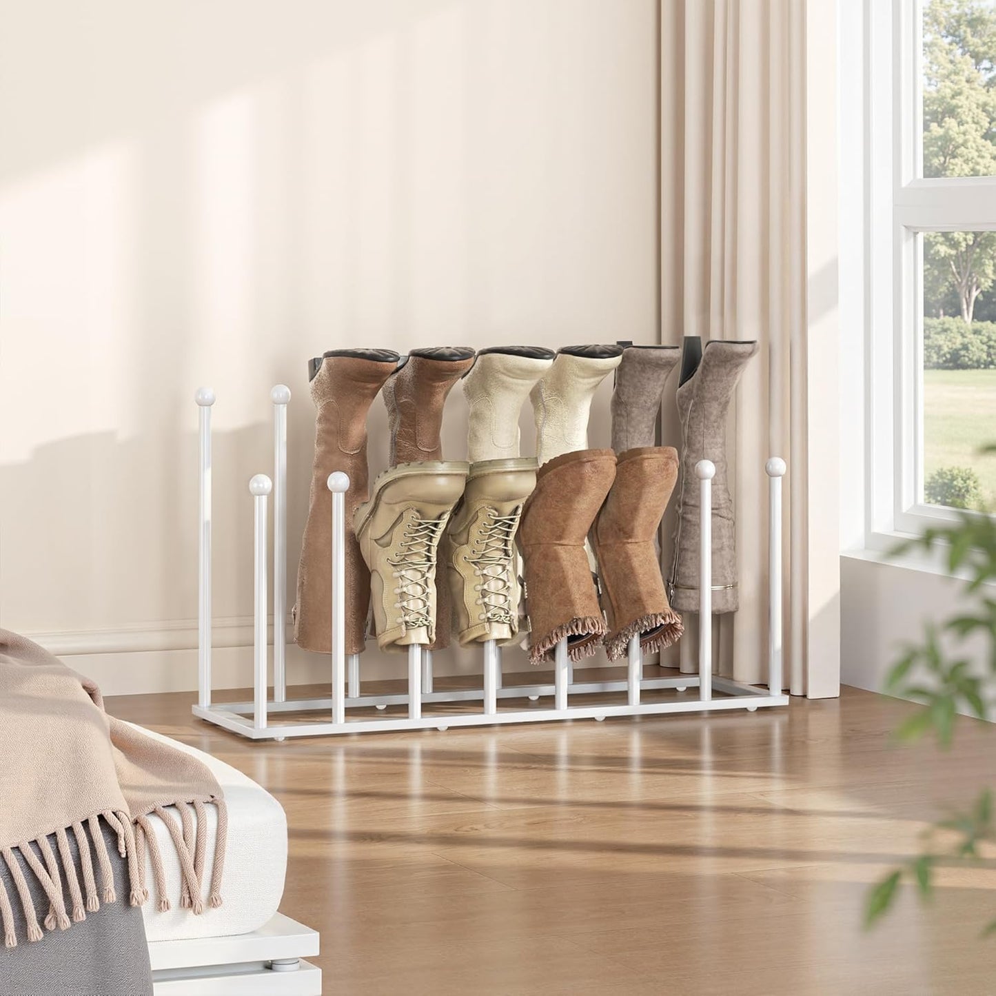pickpiff Free Standing Shoe Racks - White Metal Boot Rack Organizer Tall Boots for Dorm Room, Closet, Entryway, Bedroom, Patio Outdoor, Hallway, White, Shoe Storage Fit for 8 Pairs