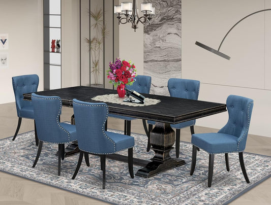 LKSI7-SBB-21-7-Piece Modern Dining Set Consists of a Mid Century Table and 6 Blue Linen Fabric Parson Chairs with Button Tufted Back - Sand Blasting Black Finish