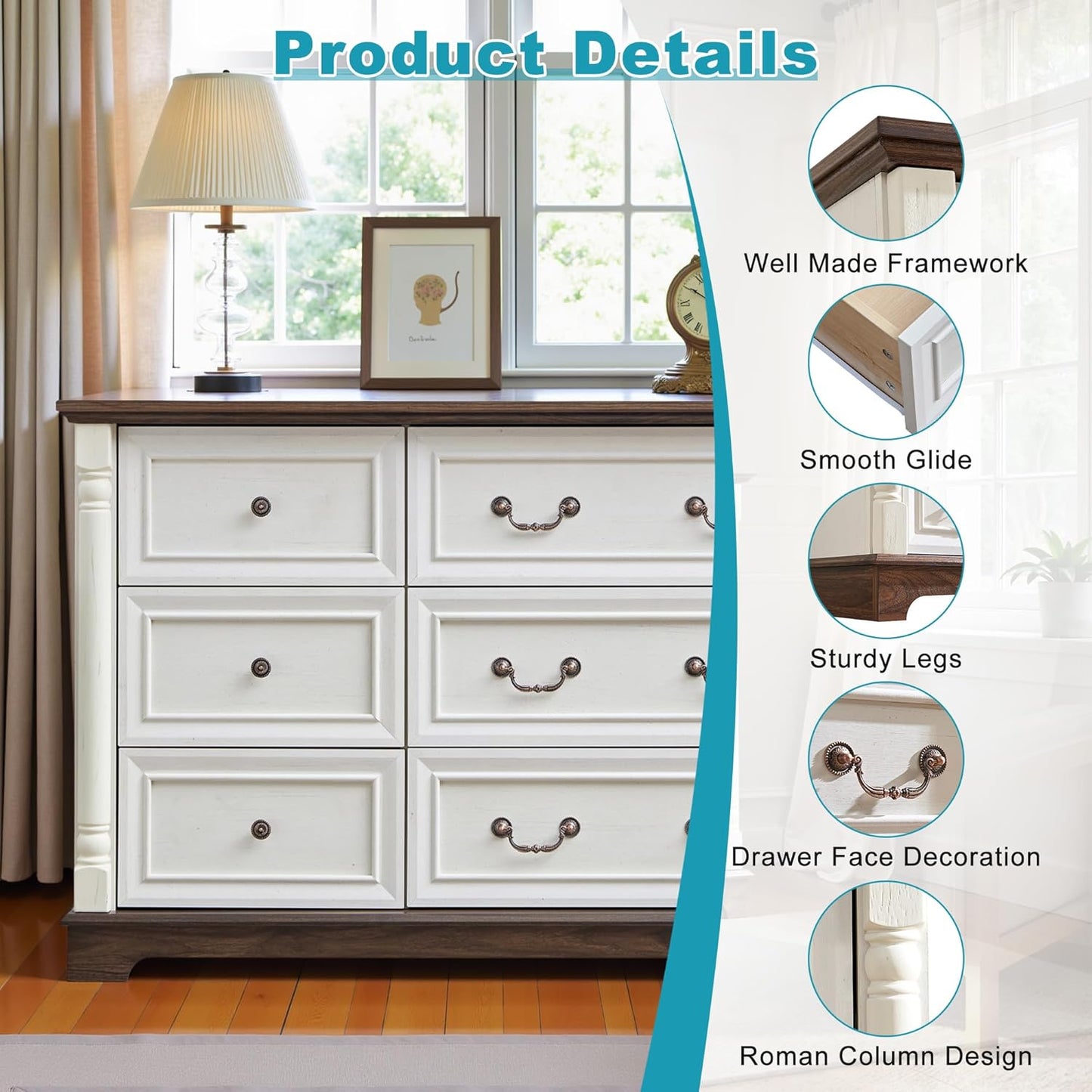 Farmhouse 6 Drawers Dresser for Bedroom, 47.24" Wide Wood Rustic Chest of Drawers with Roman Metal Handle, Tall Storage Dressers Organizer for Bedroom, Living Room, Hallway, Antique White