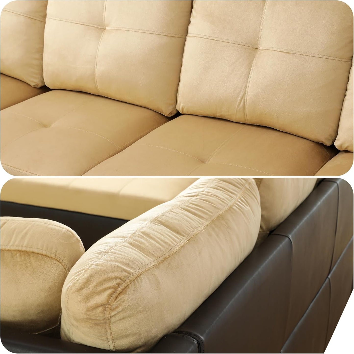 Modern Living Room Furniture Sets with Pillows, Modular Sectional Couches with Chaise Lounge, 4-Seaters L Shape Sofa with Storage Ottoman, for Living Room, Beige and Brown