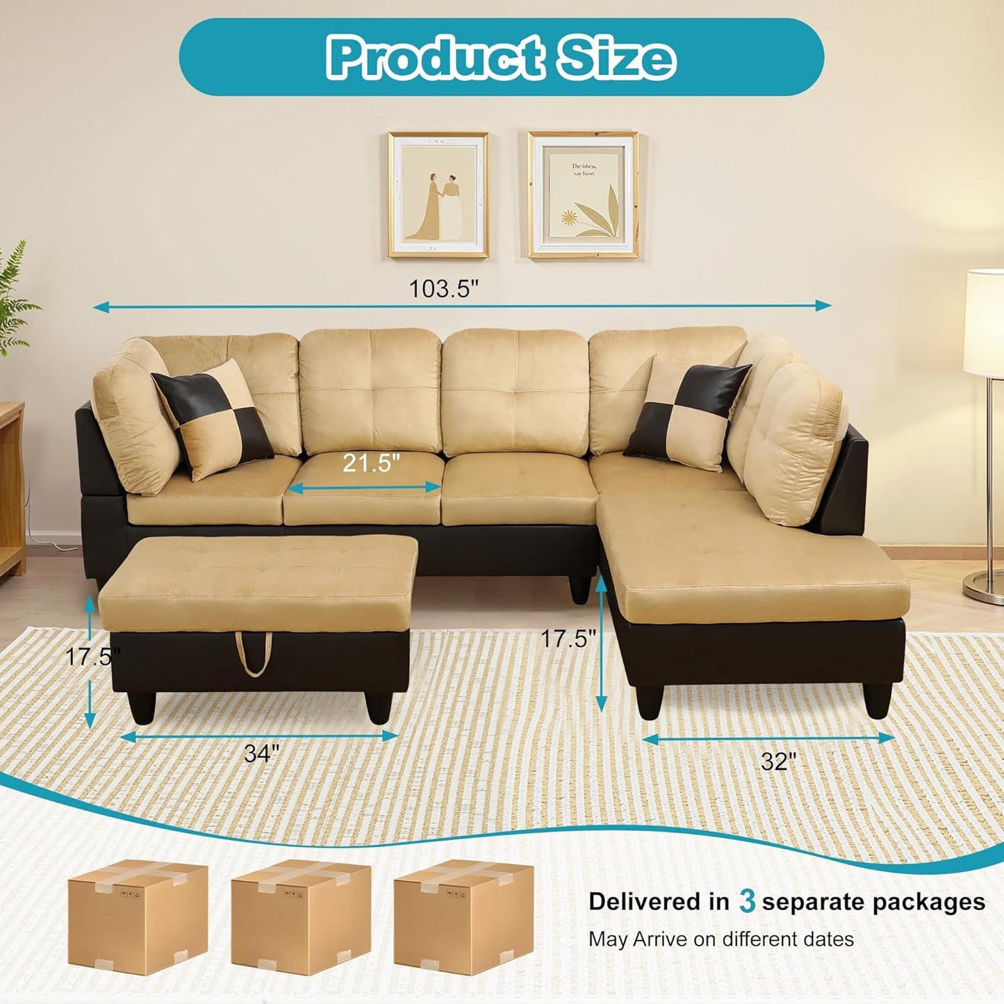 Couches for Living Room Modern L Shaped Couch Comfy Lint Fabric 3 Pieces Sectional Sofa with Chaise, Ottoman with Storage for Office and Small Apartment, Beige and Brown