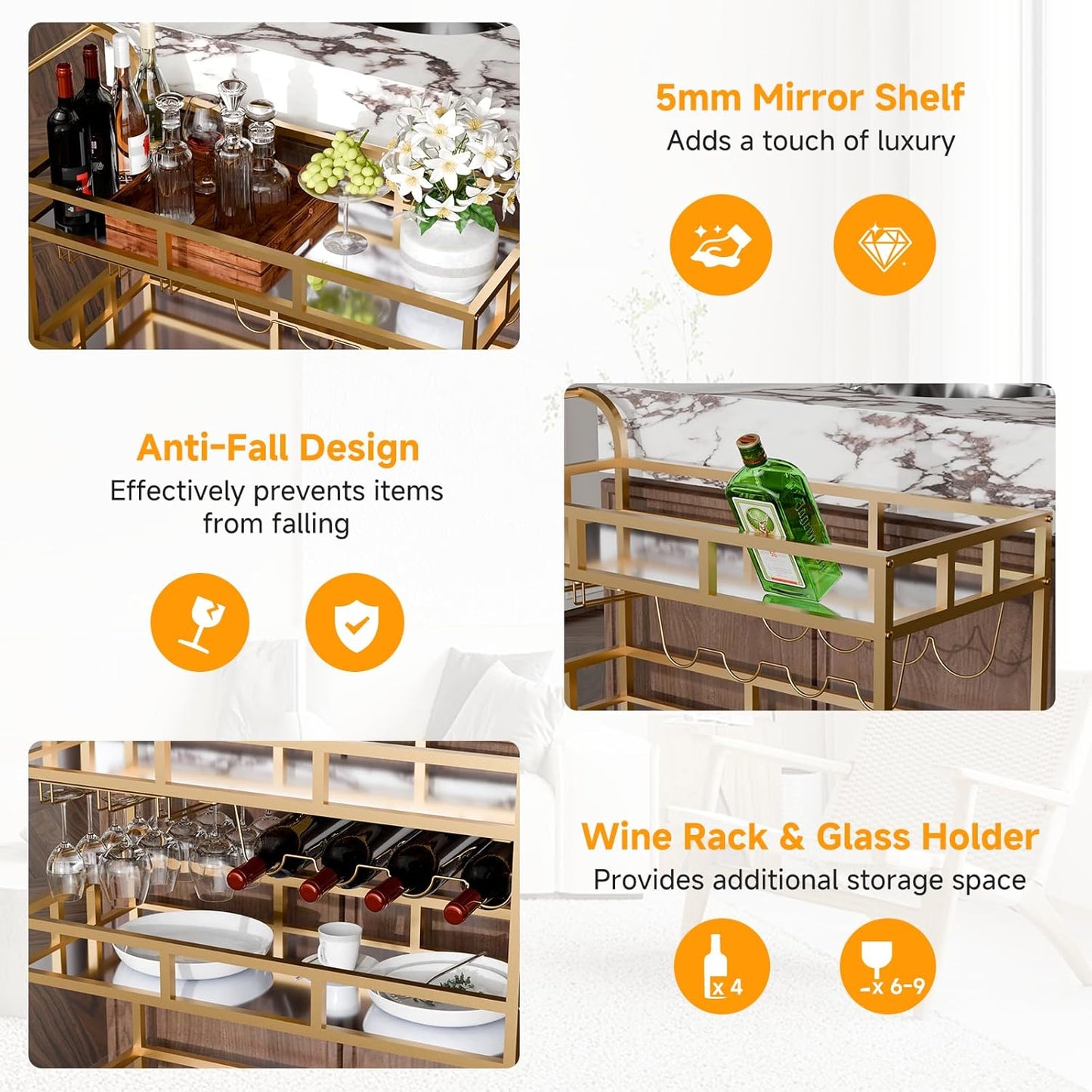 TONGMO Gold Bar Carts with 3 Tier Mirror Shelves, Home Bar Cart with Wine Rack and Glass Holder, Perfect for Indoor and Outdoor Use, Stylish and Functional Kitchen and Entertainment Space Addition