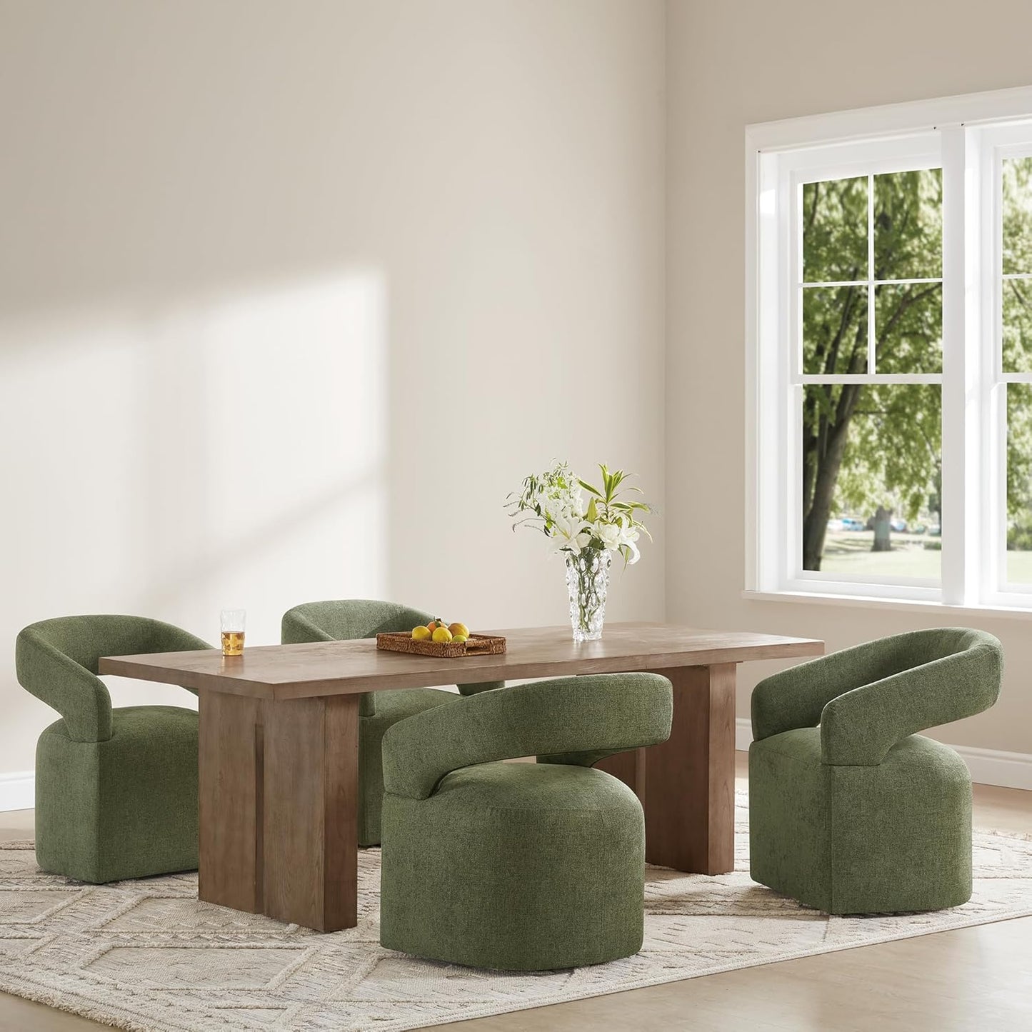 Upholstered Dining Chairs with Removable Casters Barrel Side Armchair with Rollers for Diningroom Bedroom Livingroom Reading Room, Green, 2PCS