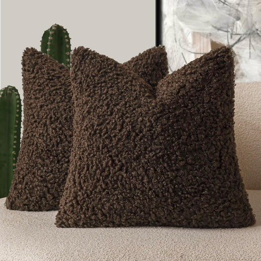 Foindtower 2 Pieces 18x18 Inch Dark Brown, Faux Fur Throw Pillow Cover Accent Sherpa Furry Pillow Covers Fuzzy Soft Pillowcases Cozy Sheepskin Decorative Fleece Cushion Case for Bed Couch Living Room