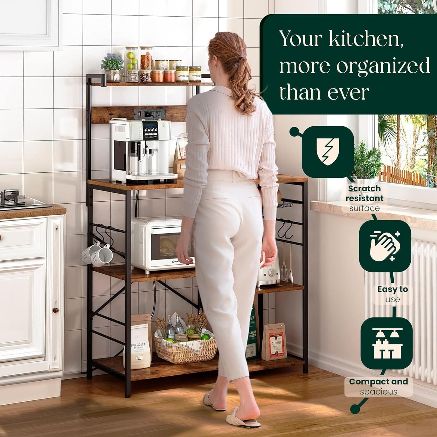 Kitchen Bakers Rack with Power Outlet & Hangers - 35.5x15.7x51.6 Kitchen Storage Rack Useful as Microwave Stand, Coffee Station and as Extra Shelves - Perfect for Organized & Stylish Kitchens