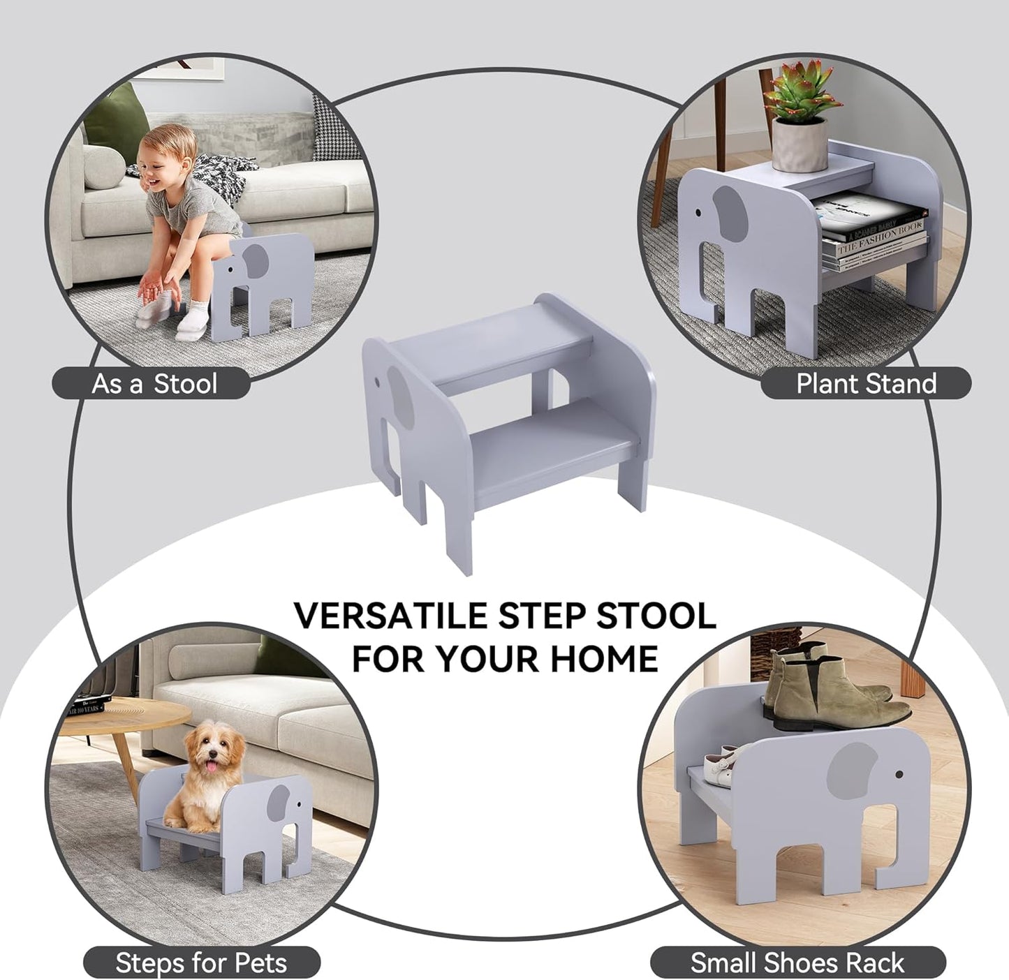 Wood Step Stools for Kids, Child Two Step Stool of Elephant Shape, Toddler Step Stools Potty Training Stool, Easy to Move Safety for Kitchen, Bathroom, Bedroom, Toilet