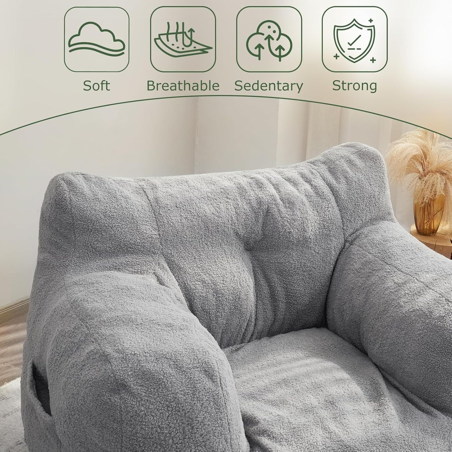 HIGOGOGO Giant Bean Bag Chairs for Adults,Big Comfy Chair Sofa for Bedroom Living Room, Large Lazy Bean Bag Chair with Pocket Armrests for Gaming, Reading