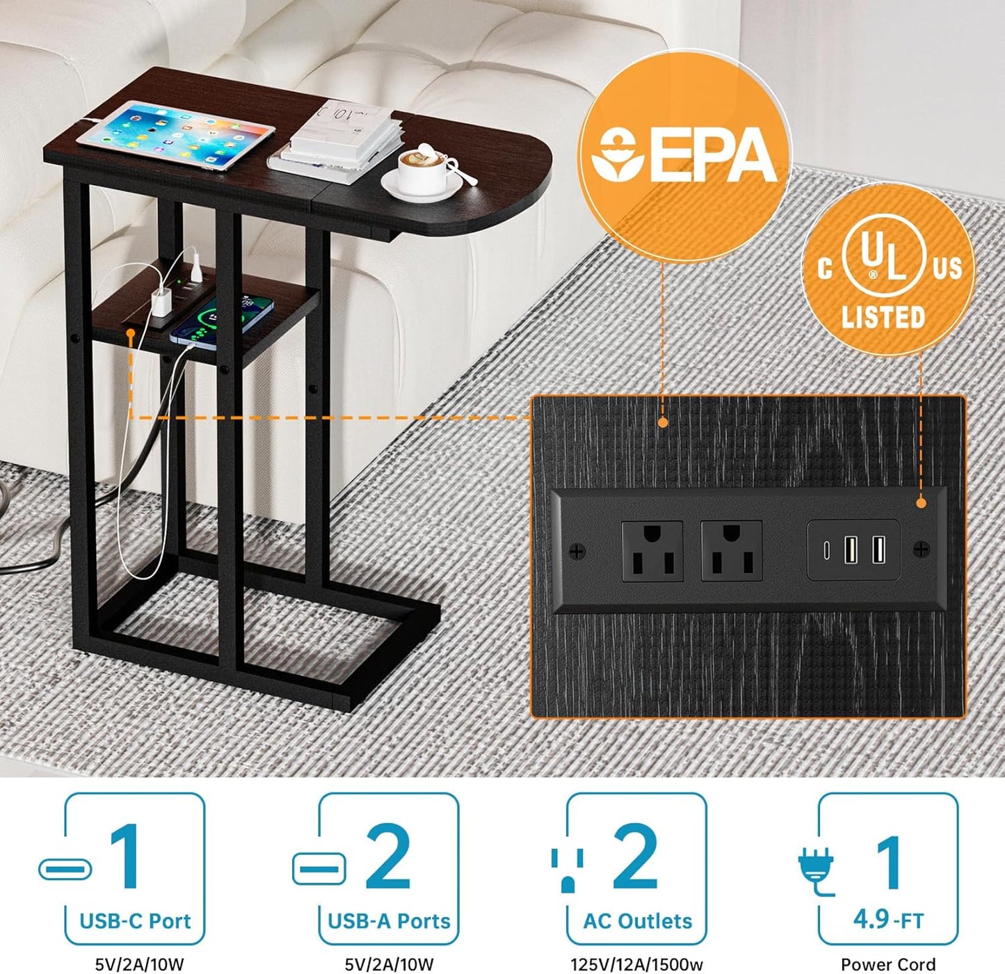 C Table End Table with Charging Station, Couch C Shaped Side Table for Living Room, Bedroom, Laptop Table with USB Ports and Type-C Port, Snack Tray Table for Couch, Black