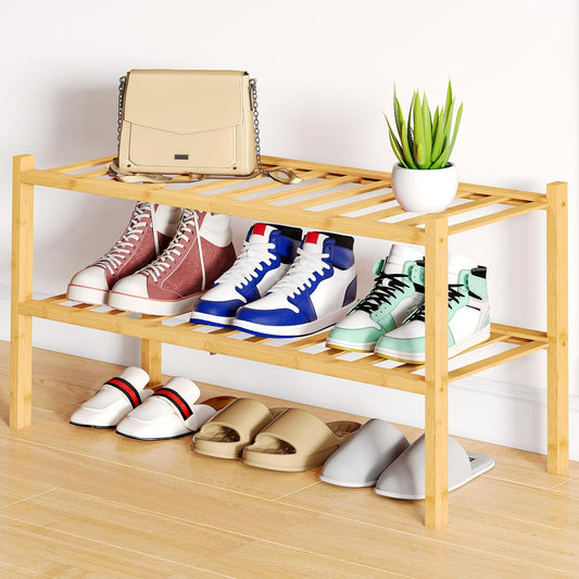 Smiry Shoe Rack, 2 Tier Bamboo Shoe Organizer, Stackable Free Standing Wooden Shoe Storage Shelf for Closet, Entryway, Front Door Entrance, Natural