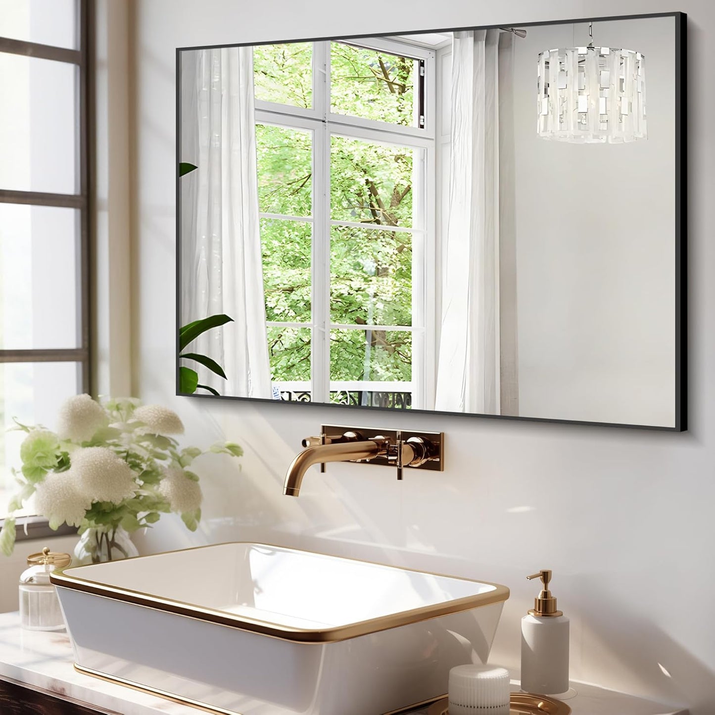 30x48 Inch Black Bathroom Mirror for Wall, Aluminum Frame Rectangle Rectangular Vanity Mirror, Modern Large for Bedroom, Living Room, Horizontal or Vertical