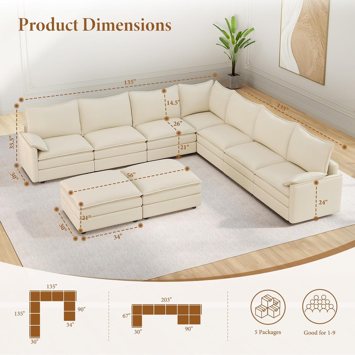 Vesgantti Large Modular Sectional Sofa, Big Comfy Cloud Couch with Ottoman Deep Seat Chenille Cloud Sofa, 9 Seater Large Sectional Couches for Living Room, Bedroom and Apartment, Beige