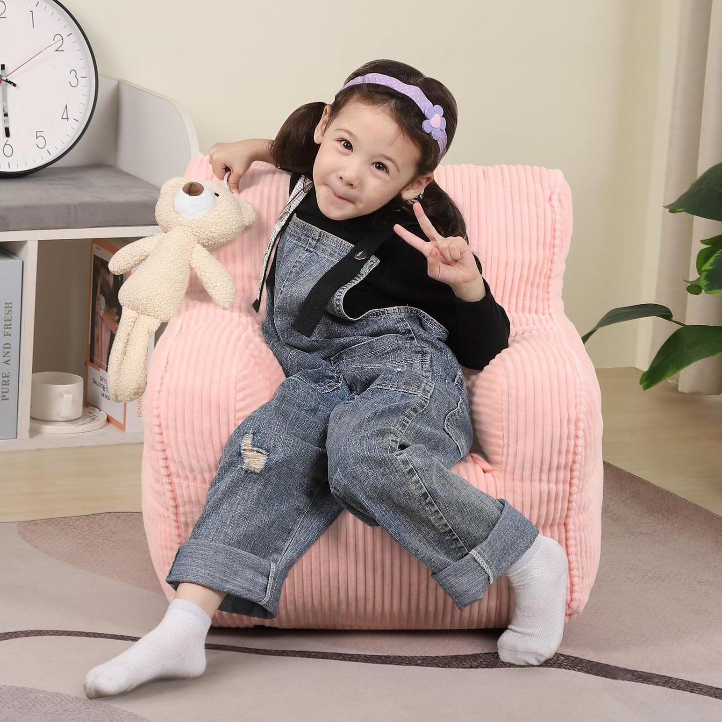 Kids Bean Bag Chair with a Plush Bear, Comfy Toddler Chair for Boys and Girls, Pink