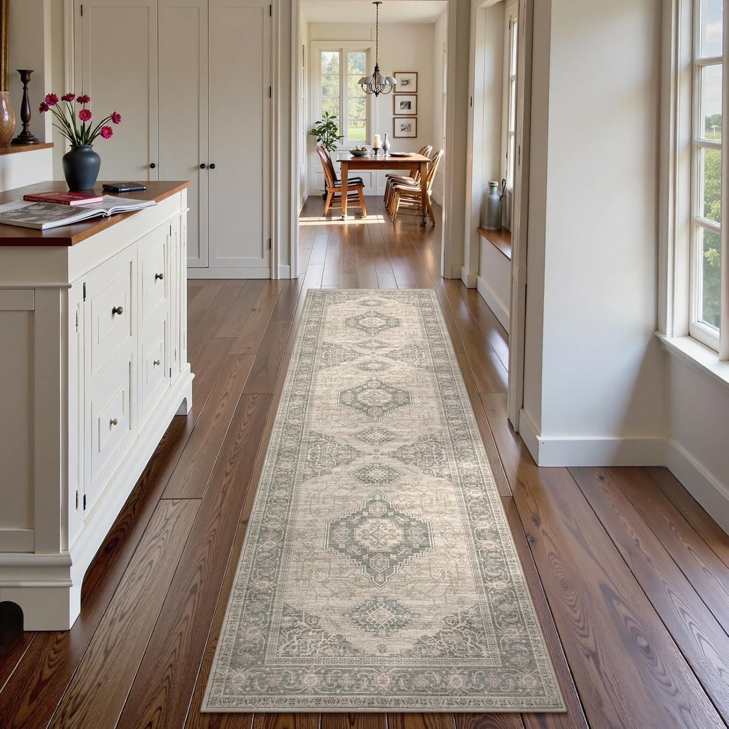 Lahome Oriental Hallway Runner Rug Non Slip, 2.5x8 Kitchen Washable Runner Soft Hallway Rug, Traditional Ultra-Thin Carpet for Bathroom Entryway ‎Laundry Room, Grey/Brown