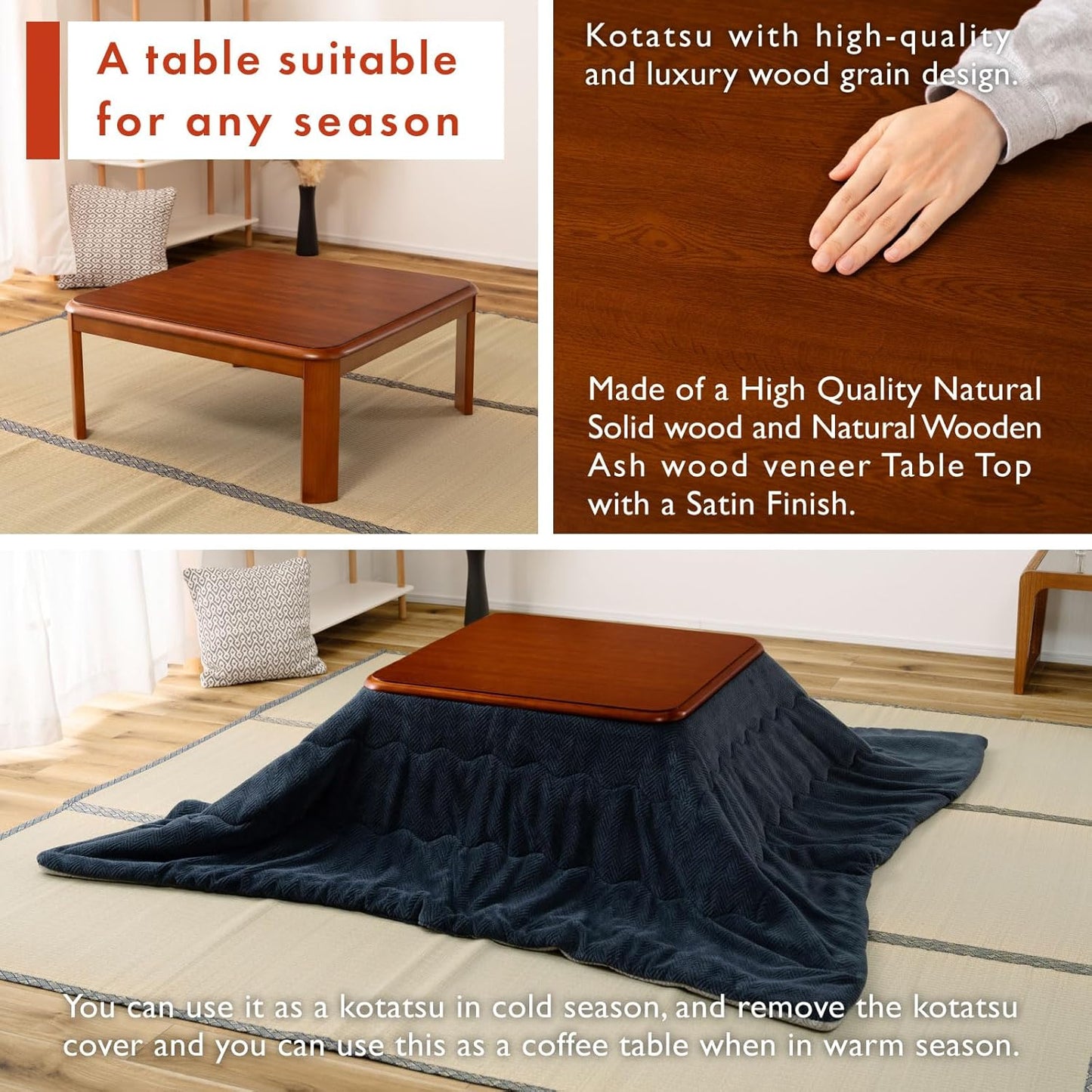 PaletteLife Japanese Heated Table (41x29in- Wooden Chabudai Furniture with 120V Electric Heater - Low-Lying Dining and Work Desk with Temperature Control Knob Casual kotatsu