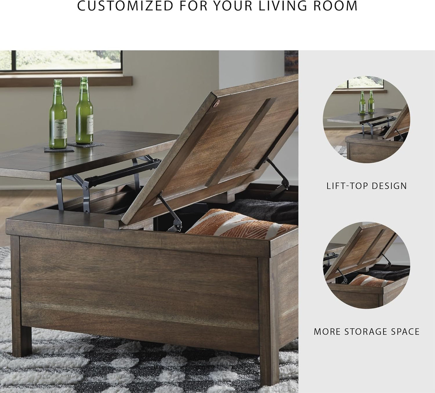 Signature Design by Ashley Moriville Rustic Hinged and Lift Top Cocktail Table with Hidden Storage, Light Brown