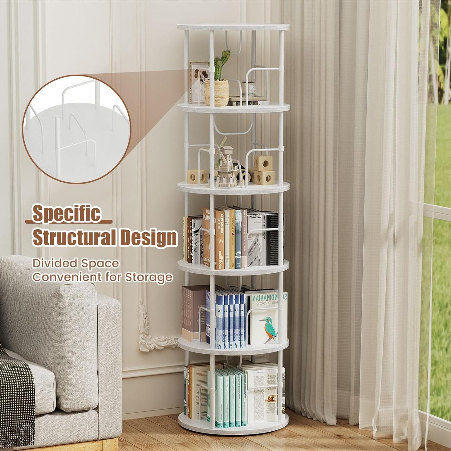 5 Tier Rotating Bookshelf, 360 ° Display Stackable Spinning Bookshelf Tower, Corner Bookshelf Tall Floor Standing Swivel Bookcase Narrow Storage Organizer for Bedroom, Living Room, White