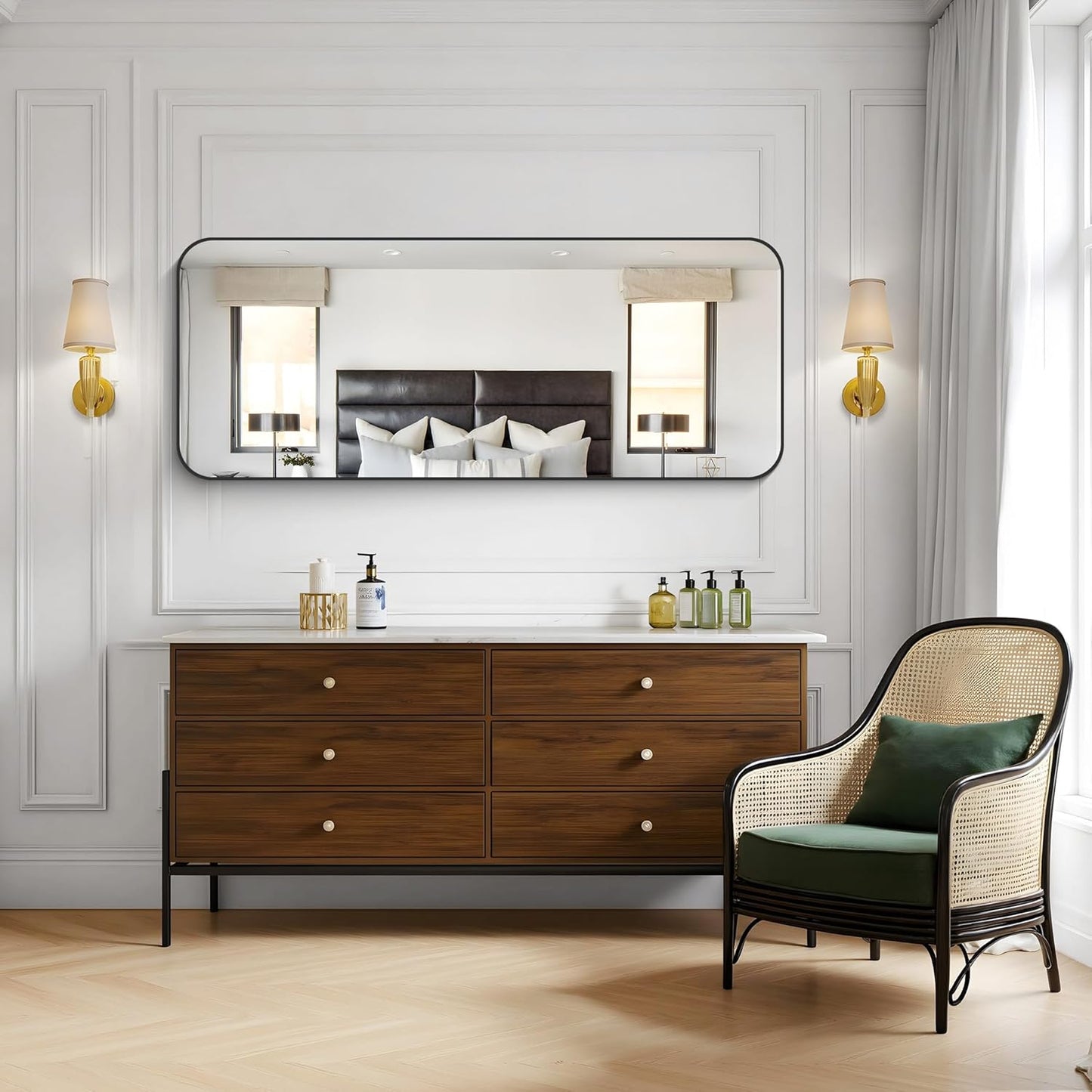 KOCUUY Black Bathroom Mirror 60"x24", Large Vanity Mirror with Rounded Corner, Metal Black Frame with Mordern Design for Bathroom, Living Room, Entryway, Hang Horizontal/Vertical