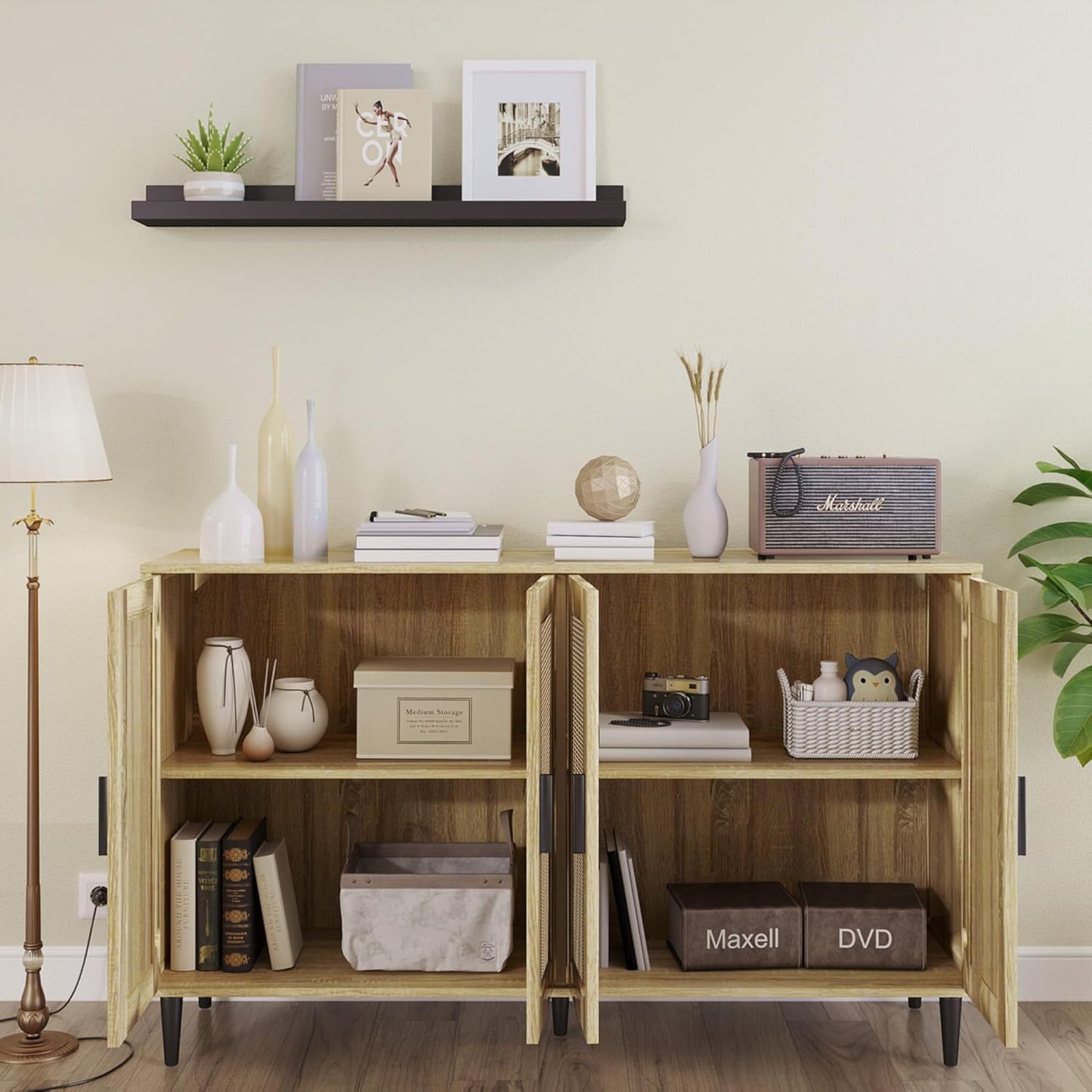 Buffet Sideboard,Kitchen Storage Cabinet with 4 Rattan Decorated Doors,Coffee Bar Cabinet with Adjustable Shelves for Living Room,Hallway,Natural