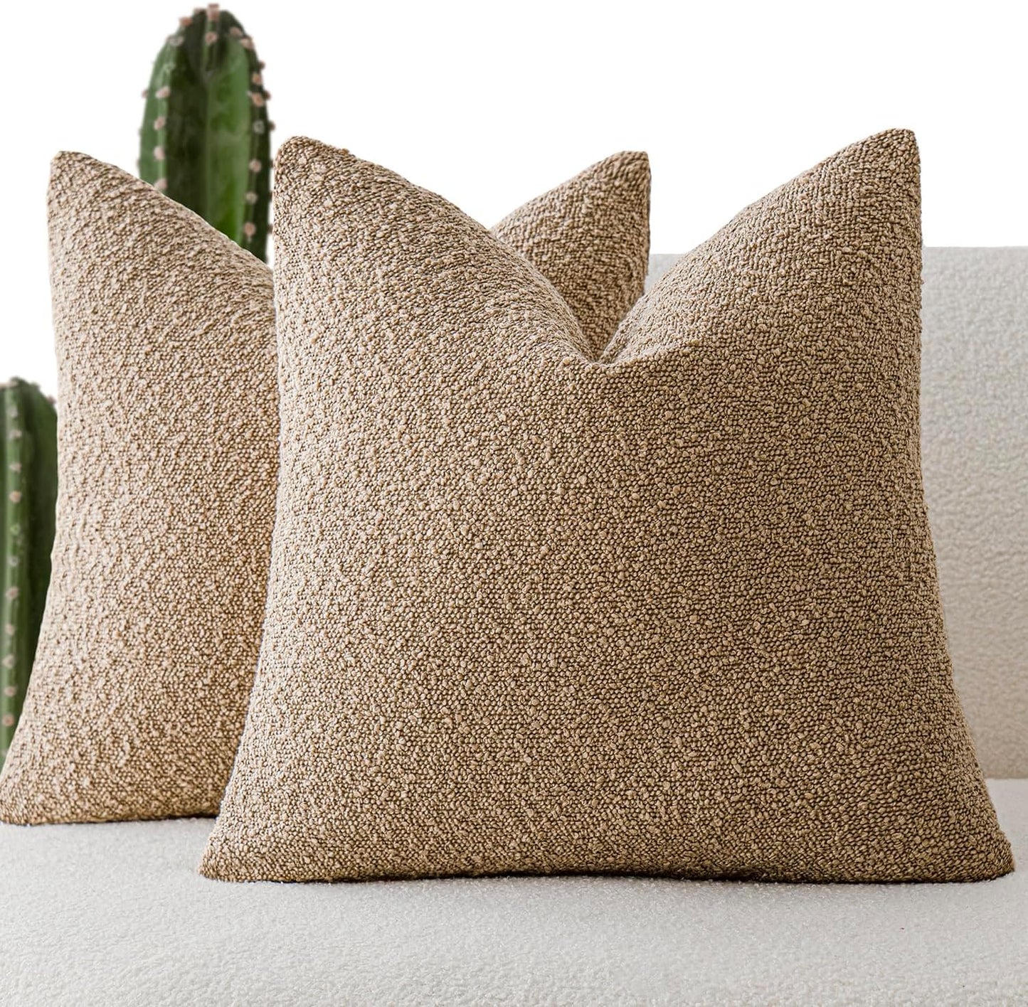 Foindtower Pack of 2 Textured Boucle Throw Pillow Covers Accent Solid Pillow Cases Cozy Soft Decorative Couch Cushion Case for Chair Sofa Bedroom Living Room Home Decor, 20 x 20 Inch,Taupe Khaki Camel