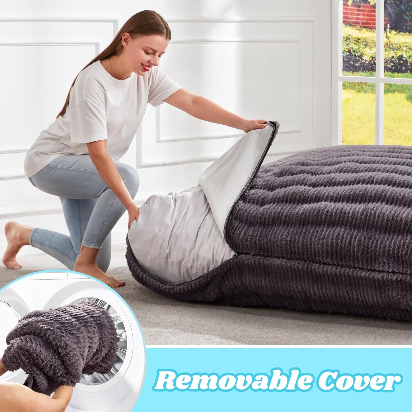 Hobestluk 3 in 1 Bean Bag Chair Giant Bean Bag Chairs for Adults with Ripple Cover Convertible Bean Bag Floor Cushion with Machine Washable Cover for Living Room (Ripple Dark Grey)