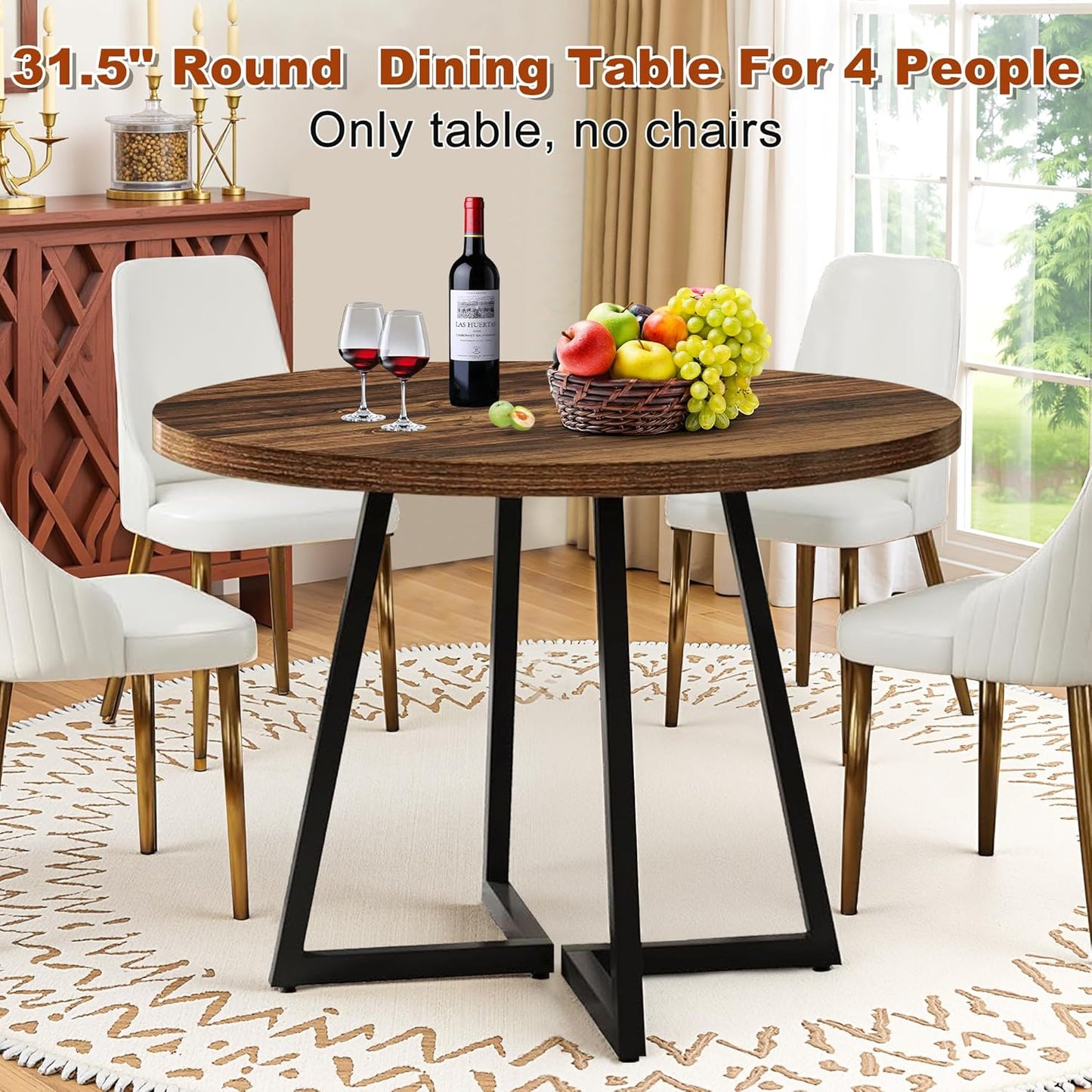 Round Dining Table for 4, 31.5-Inch Farmhouse Dinner Table Wooden Circle Kitchen Tables with Metal Base for Dining Room, Kitchen, Living Room, Brown