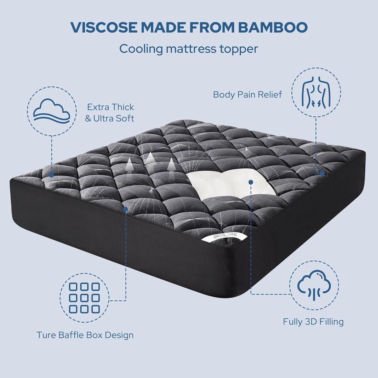 BEDLORE King Mattress Topper, Viscose Made from Bamboo Soft Pillow Top Mattress Pad, Thick Mattress Cover for Back Pain Relief with 6-18 inches Deep Pocket