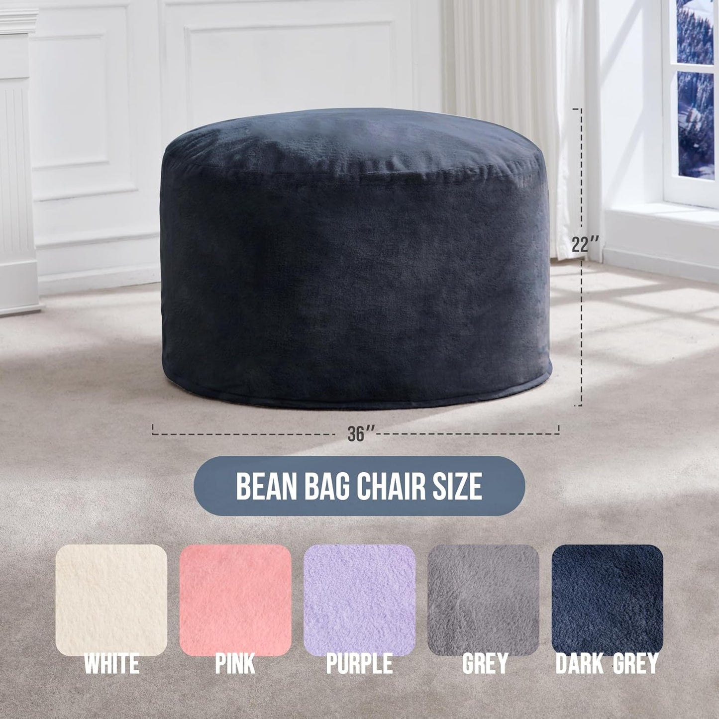 Hobestluk 3ft Bean Bag Chairs for Adults Large Beanbag Chair with Plush Faux Fur Cover Big Bean Bag Chair for Living Room Bedroom Dorm Office - Dark Grey (36” x 36” x 22”)