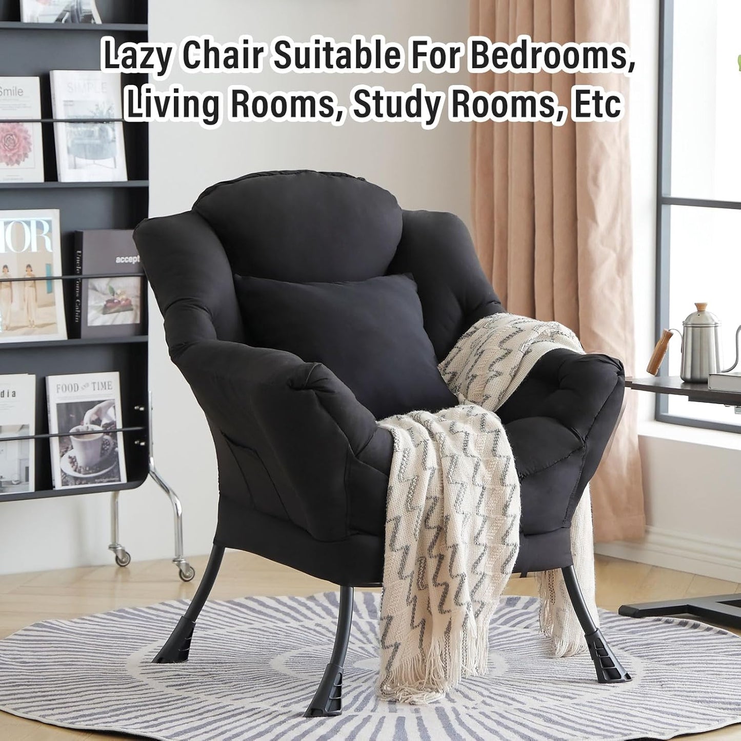 Lazy Chair with Pillow for Living Room, Modern Lounge Accent Chair with Armrests, Leisure Sofa Chair Set, Reading Chair for, Bedroom, Dorm Room, Office, Black