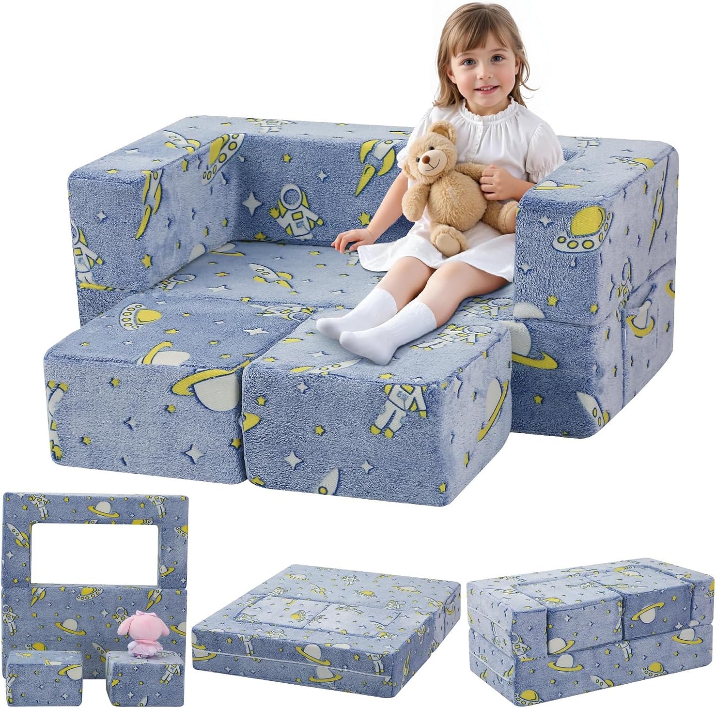 MeMoreCool Modular Kids Couch, Glow Play Toddler Couch for Bedroom Playroom, Convertible Foam Kids Sofa Bed, Fold Out Baby Sofa for Girl Boy, Denim Rocket