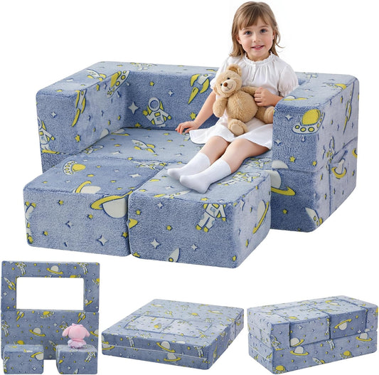 MeMoreCool Modular Kids Couch, Glow Play Toddler Couch for Bedroom Playroom, Convertible Foam Kids Sofa Bed, Fold Out Baby Sofa for Girl Boy, Denim Rocket