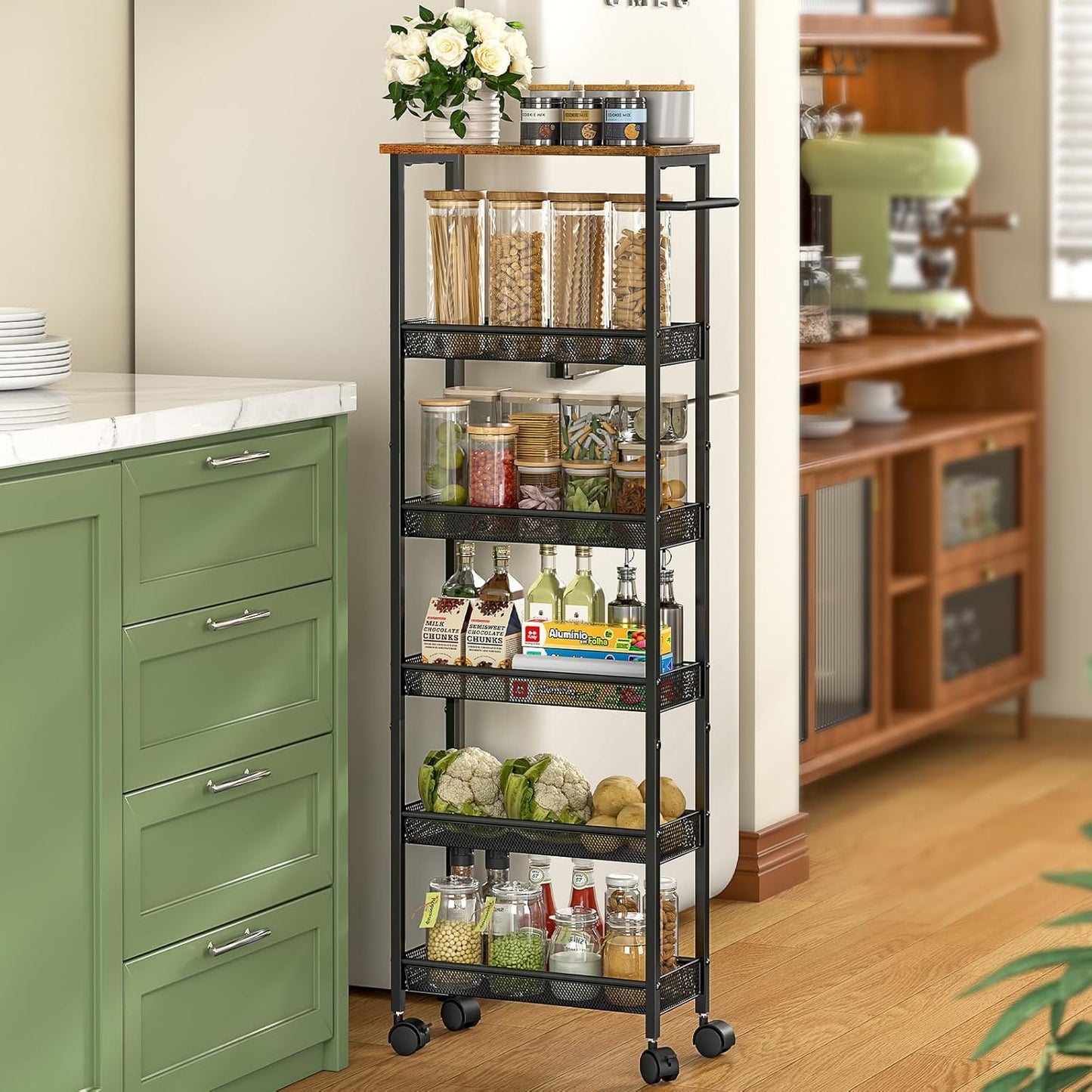 6 Tier Slim Storage Cart with Handle, Rolling Kitchen Laundry Room Storage Cart with Wooden Top, Narrow Metal Bathroom Trolley on Wheels for Small Space, Mobile Shelving Unit, 7.9in(W)