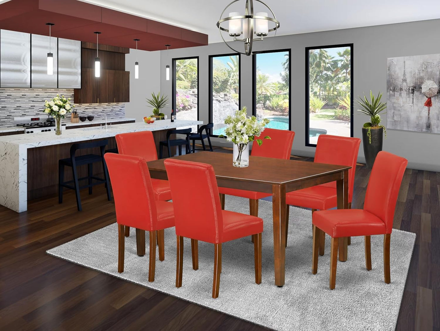 East West Furniture CAAB7-MAH-72 7 Piece Kitchen Table & Chairs Set Consist of a Rectangle Dining Room Table and 6 Firebrick Red Faux Leather Upholstered Chairs, 36x60 Inch, Mahogany