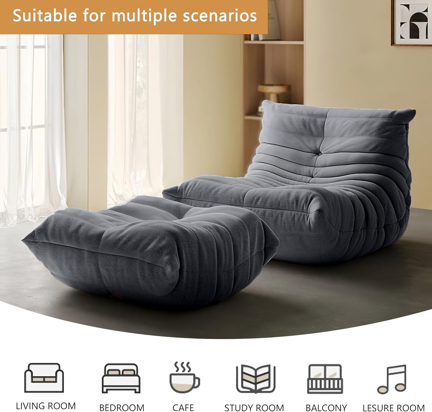 Bean Bag Chair - Memory Foam Bean Bag Chair for Adults, Comfy High-Resilience Single Sofa, Small Space Floor Chair, Chaise Lounge for Living Room, Bedroom (Dark Blue, Wrinkles+Ottoman)