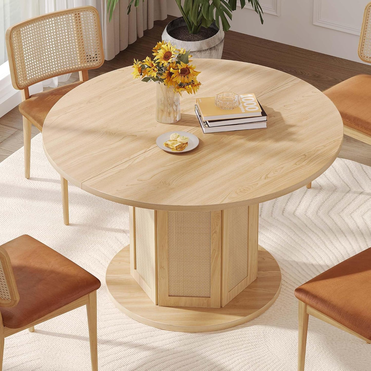 DWVO Round Dining Table for 4-6 People 47 Inch Farmhouse Kitchen Table with Rattan Circular Base Wooden Dinner Table for Dining Room Family Gathering, Natural Oak