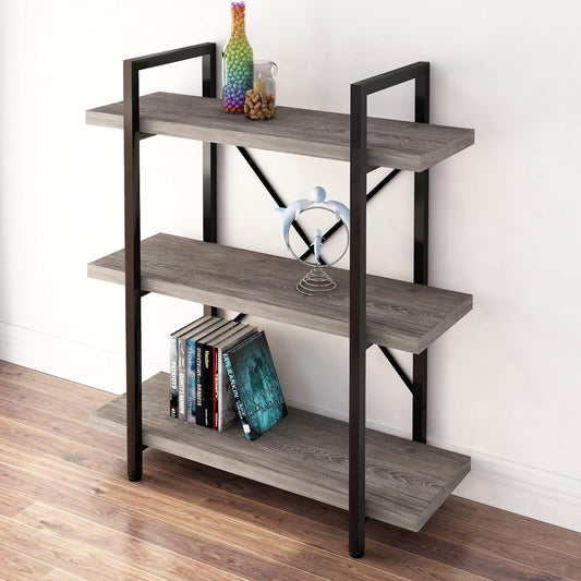 45MinST 3-Tier Vintage Industrial Style Bookcase/Metal and Wood Bookshelf Furniture for Collection，Gray Oak, 3/4/5 Tier (3-Tier)