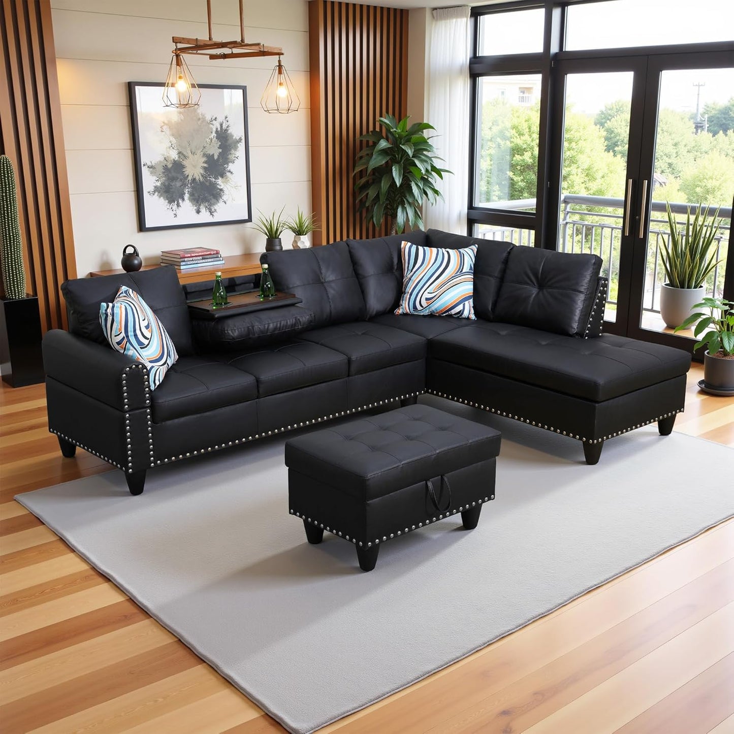 97.5" Oversized Sectional Couch, L Shaped Couch with Storage Ottoman, Modern Modular Sofa with Deep Seat, Sectional Couches for Living Room and Office, Black (Faux Leather)