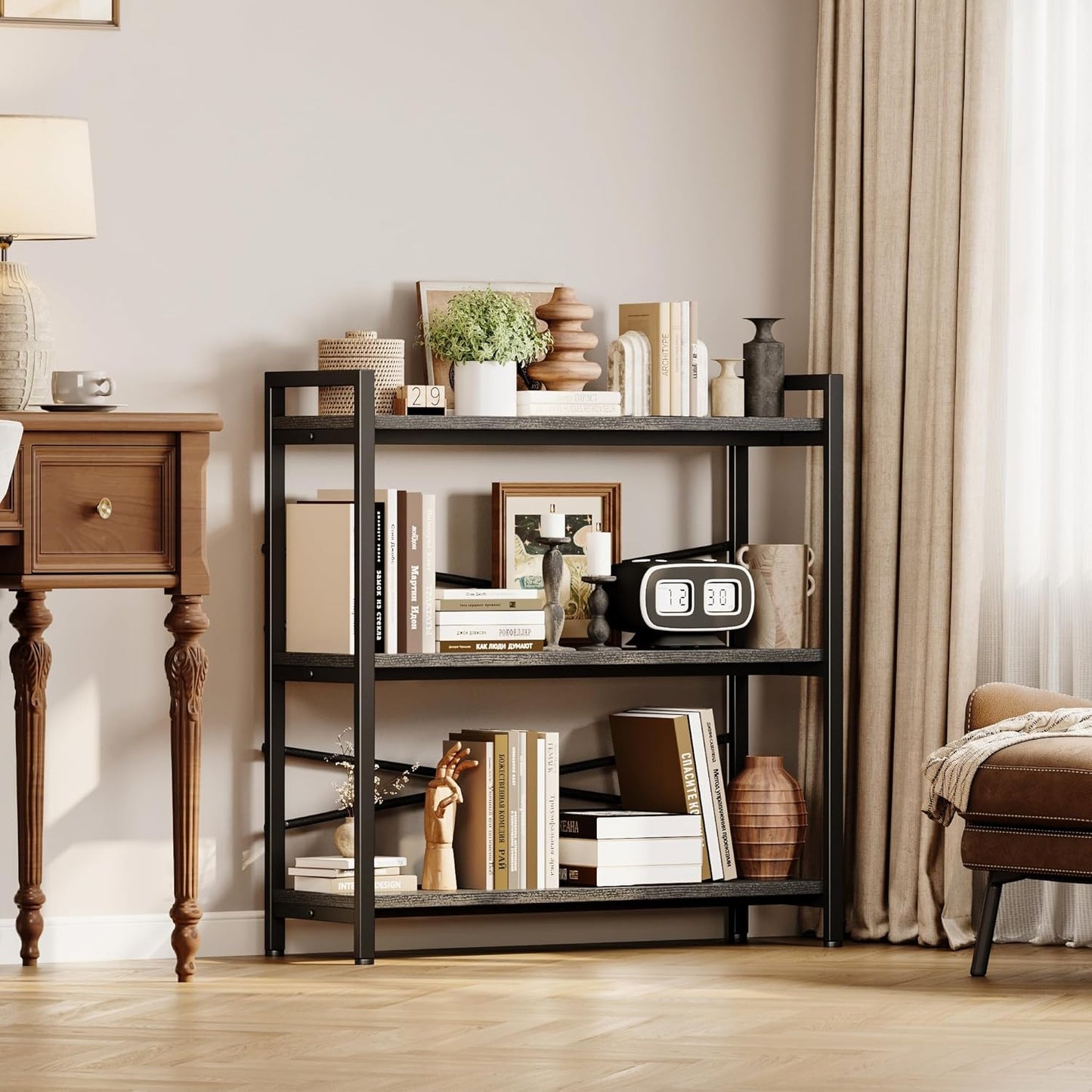 Book Shelf, 3 Tier Bookshelf 31.49" Width, Book Shelf Storage and Organization, Wooden and Metal Industrial Bookcase, Large Book Shelves for Home Living Room Bedroom Office Storage(Grey)