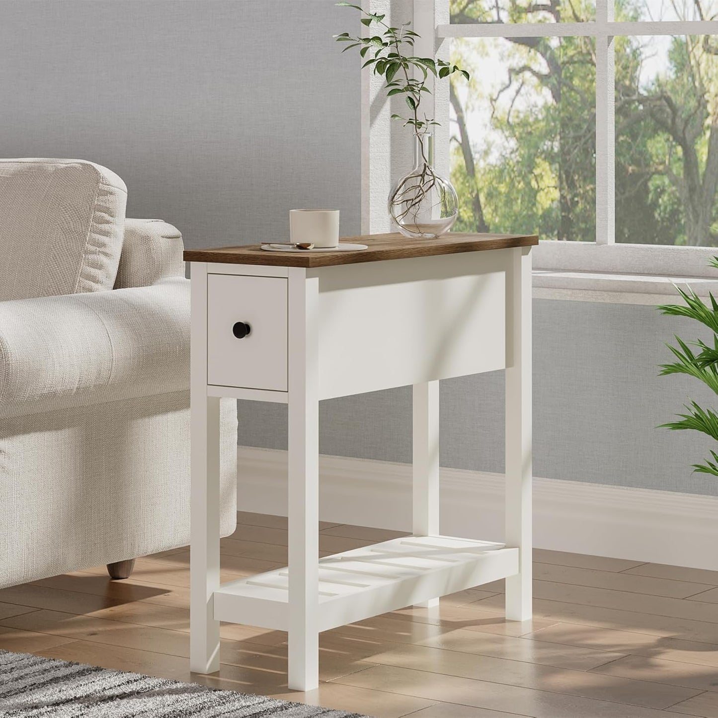 ChooChoo Narrow End Table, Small Side Table for Small Spaces, Slim End Table with Drawer, Narrow Nightstand Bedside Table for Living Room Bedroom, White, 2 Pack