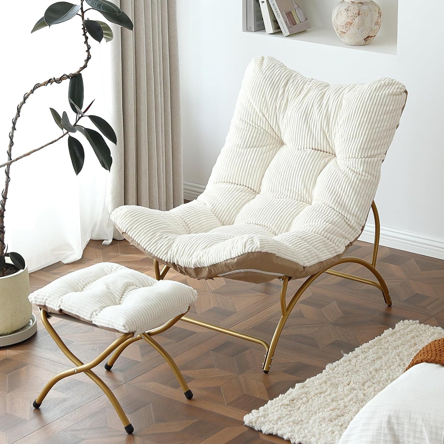 Welnow Accent Chair with Ottoman, Lounge Comfy Soft Leisure Metal Frame Reading Chair with Footrest, Upholstered Thick Cushion Seated Recliner Sofa for Living Room, Bedroom, Dorm, Beige